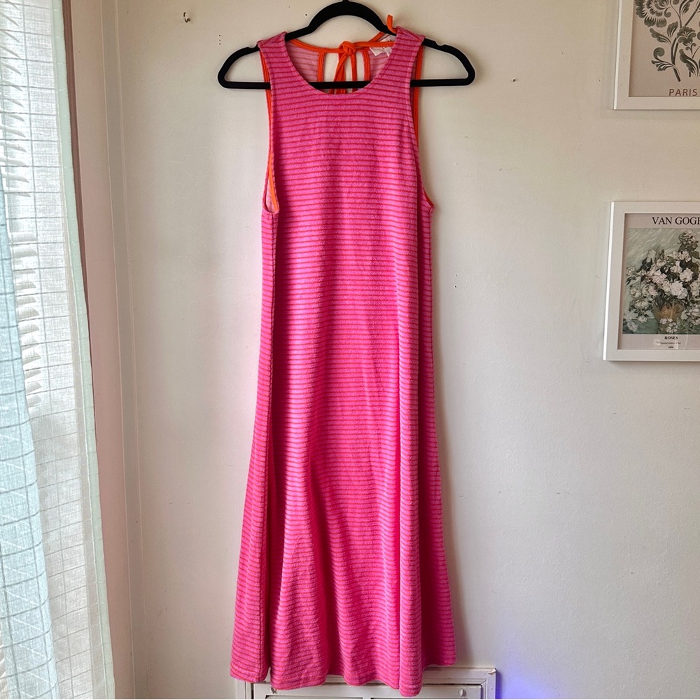 Bright Pink Striped Sleeveless Maxi Coverup Dress with Orange Tie